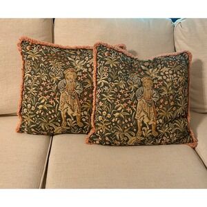 Vintage tapestry boy cat brocade silk back fringe pillows cottage grand‎ French